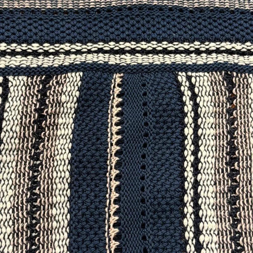 Tory Burch Knit Linen Blend Navy Blue‎ Striped Crochet geometric Top Size XS